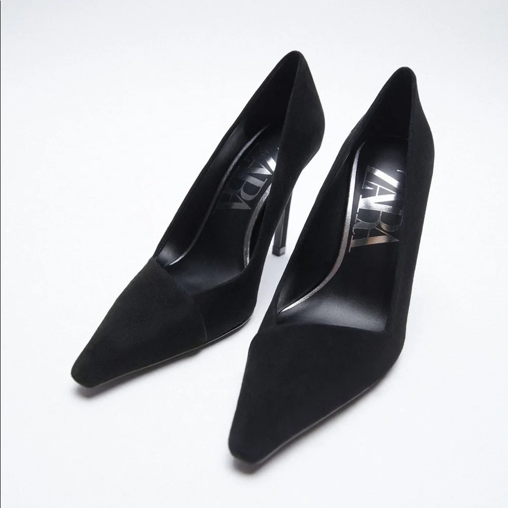 NWT. Zara Black Suede Leather High-Heels Shoes. Size 9.